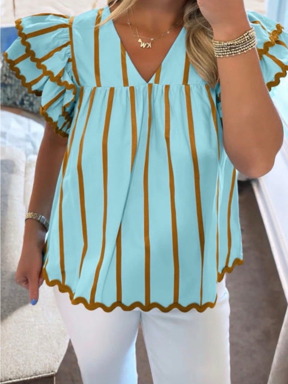 Striped V-Neck Flutter Sleeve Blouse in Light Blue and Brown
